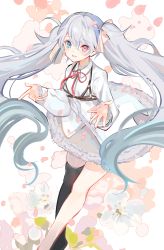 Rule 34 | 1girl, 25-ji miku, 25-ji nightcord de. (project sekai), absurdres, black thighhighs, blue eyes, bow, cherry blossoms, chest harness, commentary, dress, flower, grey hair, hair bow, harness, hatsune miku, highres, long hair, long sleeves, neck ribbon, parted lips, petticoat, pink eyes, pink flower, project sekai, red ribbon, ribbon, single bare leg, single thighhigh, smile, solo, thighhighs, twintails, utakapen, very long hair, vocaloid, white bow, white dress