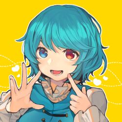 Rule 34 | 1girl, :d, blue eyes, blue hair, close-up, dotted line, eyebrows hidden by hair, finger to cheek, frilled sleeves, frills, hands up, heart, heart background, heterochromia, index finger raised, long sleeves, looking at viewer, lower teeth only, makita (vector1525), open hand, open mouth, outline, red eyes, red pupils, short hair, simple background, smile, solo, swept bangs, tatara kogasa, teeth, touhou, upper body, white outline