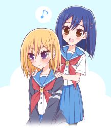 Rule 34 | 2girls, :d, :s, aqua background, blonde hair, blue hair, blush, brown eyes, cardigan, commentary request, flip flappers, hair down, hair ornament, hairclip, hands on another&#039;s shoulders, kokomine cocona, matching hairstyle, multiple girls, musical note, neckerchief, open cardigan, open clothes, open mouth, pleated skirt, purple eyes, quaver, red neckerchief, school uniform, serafuku, short hair, skirt, smile, sou (mgn), spoken musical note, v-shaped eyebrows, wavy mouth, yayaka, yuri
