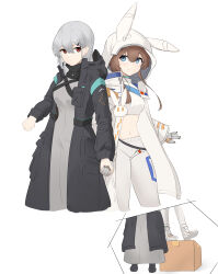 Rule 34 | 2girls, absurdres, amiya (arknights), amiya (guard) (arknights), amiya (guard) (touch the stars) (arknights), animal ears, animal hood, arknights, black footwear, black jacket, blue eyes, box, breasts, brown hair, cardboard box, closed mouth, commentary request, crop top, doctor (arknights), fake animal ears, female doctor (arknights), gloves, grey gloves, grey hair, grey shirt, hair between eyes, hair ornament, hairclip, highres, holding hands, hood, hood up, hooded jacket, jacket, long hair, long sleeves, medium breasts, midriff, multiple girls, navel, open clothes, open jacket, pants, rabbit ears, rabbit hood, red eyes, sarea (sarea2020), shirt, shoes, simple background, smile, white background, white footwear, white jacket, white pants
