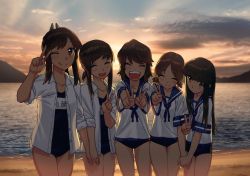 Rule 34 | 5girls, beach, blew andwhite, blue one-piece swimsuit, blunt bangs, brown eyes, brown hair, closed eyes, cowboy shot, double v, dress shirt, fubuki (kancolle), green eyes, happy, hatsuyuki (kancolle), holding hands, i-401 (kancolle), kantai collection, long hair, looking at viewer, low ponytail, low twintails, miyuki (kancolle), multiple girls, name tag, ocean, one-piece swimsuit, one eye closed, open clothes, open mouth, open shirt, photo background, ponytail, sailor collar, sailor shirt, school swimsuit, shirayuki (kancolle), shirt, short hair, short ponytail, sidelocks, smile, standing, sunset, swimsuit, swimsuit under clothes, twintails, v, wavy hair
