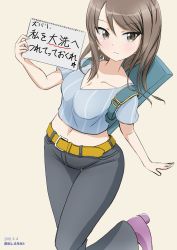 Rule 34 | 10s, 1girl, absurdres, artist name, backpack, bag, beige background, belt, black pants, blue shirt, breasts, brown belt, brown eyes, brown hair, carrying, casual, cleavage, closed mouth, commentary request, dated, girls und panzer, hat, hat ornament, highres, holding, holding notepad, instrument case, leaning to the side, leg up, light smile, long hair, looking at viewer, medium breasts, midriff, mika (girls und panzer), no headwear, notepad, one-hour drawing challenge, pants, purple footwear, shirt, shoes, short sleeves, solo, standing, standing on one leg, star (symbol), star hat ornament, striped clothes, striped shirt, thigh gap, tonan leopard, translation request, vertical-striped clothes, vertical-striped shirt