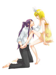 Rule 34 | 1boy, 1girl, age difference, barefoot, bow, couple, dress, feet, hetero, holding another&#039;s foot, kagamine rin, kamui gakupo, lowres, simple background, vocaloid, white background