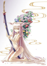 Rule 34 | 1girl, absurdly long hair, animal ears, barefoot, between legs, blunt bangs, closed mouth, collarbone, cross scar, flat chest, fox ears, full body, highres, holding, holding sword, holding weapon, kazuki seihou, kneeling, long hair, looking at viewer, navel, nude, original, petals, profile, scabbard, scar, sheath, sheathed, silver hair, smile, solo, sword, very long hair, weapon, white background, yellow eyes