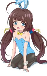 Rule 34 | 1girl, animal ears, aqua eyes, black pantyhose, blue leotard, bow, bowtie, brown hair, commentary request, detached collar, fake animal ears, flat chest, full body, highres, hinatsuru ai, leotard, long hair, looking at viewer, low twintails, nail polish, open mouth, pantyhose, playboy bunny, rabbit ears, round teeth, ryuuou no oshigoto!, seiza, simple background, sincos, sitting, solo, strapless, strapless leotard, teeth, twintails, upper teeth only, very long hair, white background, wrist cuffs, yellow bow, yellow bowtie