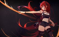 Rule 34 | 1girl, arknights, black shorts, book, bracelet, breast strap, breasts, cleavage, collarbone, crop top, floating hair, hair behind ear, highres, holding, holding sword, holding weapon, jewelry, jijing zishui, long hair, midriff, navel, red hair, shorts, skindentation, smile, solo, surtr (arknights), sword, thighhighs, very long hair, weapon