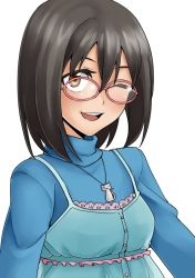 Rule 34 | 10s, 1girl, ;d, black hair, camisole, camisole over clothes, glasses, idolmaster, idolmaster cinderella girls, jewelry, kamijo haruna, karute, necklace, one eye closed, open mouth, short hair, smile, solo