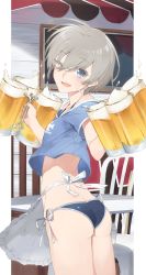Rule 34 | &gt; o, 10s, 1girl, alcohol, alternate costume, apron, ass, beer, beer mug, blue eyes, breasts, commentary request, cup, eyebrows, hayashi kewi, highres, kantai collection, looking at viewer, looking back, mug, one eye closed, open mouth, revision, short hair, silver hair, small breasts, solo, z1 leberecht maass (kancolle)