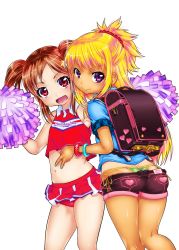 Rule 34 | 2girls, ass, backpack, bag, blonde hair, bracelet, brown hair, butt crack, cheerleader, child, heart, highres, holding, jewelry, kneepits, long hair, looking at viewer, mudou eichi, multiple girls, nail polish, open mouth, original, panties, pleated skirt, pom pom (cheerleading), purple eyes, randoseru, red eyes, scrunchie, short shorts, shorts, sidelocks, skirt, tan, thong, twintails, underwear, v, whale tail (clothing)