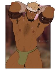Rule 34 | 1boy, abs, absurdres, arm behind head, armband, armpit hair, armpits, artist name, bandaged arm, bandages, bara, beard, biceps, black hair, blonde hair, blush, brown eyes, ear piercing, earrings, facial hair, feet out of frame, fundoshi, hairy, highres, japanese clothes, jewelry, large pectorals, leather, looking at viewer, male focus, male underwear, manly, mature male, multicolored hair, nipples, original, pectorals, piercing, rumple tumple, scar, scar on chest, scar on face, short hair, smirk, solo, spiked hair, tan, teeth, thick arms, thick eyebrows, thick thighs, thighs, twitter username, underwear