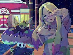 1girl :d blonde_hair blue_eyes building collarbone colored_tips creatures_(company) facepaint finger_frame game_freak gen_7_pokemon head_tilt highres in-universe_location long_hair looking_at_viewer mina_(pokemon) multicolored_hair night night_sky nintendo o1168w open_mouth outdoors pink_hair pixel_art pokemon pokemon_(creature) pokemon_sm ribombee shiinotic sketchbook sky smile star_(sky) starry_sky two-tone_hair water