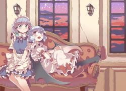 Rule 34 | 2girls, apron, bat wings, blue dress, blue eyes, blush, braid, cloud, couch, dress, fang, izayoi sakuya, leaning on person, maid, maid apron, maid headdress, multiple girls, open mouth, pink dress, pink eyes, puffy sleeves, red upholstery, remilia scarlet, shirt, shoe dangle, short sleeves, silver hair, sitting, sky, smile, sunset, takahero, touhou, twin braids, v arms, waist apron, window, wings, wrist cuffs