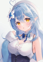 Rule 34 | 1girl, ahoge, akuo 11, armpits, beret, blue hair, blush, braid, breasts, center frills, cleavage, cleavage cutout, clothing cutout, flower, frills, fur-trimmed sleeves, fur trim, hair flower, hair ornament, half updo, hat, heart, heart ahoge, highres, hololive, large breasts, long hair, long sleeves, looking at viewer, multicolored hair, neck ribbon, off shoulder, open mouth, pointy ears, ribbon, shirt, sleeveless, sleeveless shirt, sleeves past wrists, smile, snowflake print, solo, streaked hair, underbust, virtual youtuber, yellow eyes, yukihana lamy