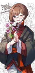 Rule 34 | 1girl, ;d, blush, borrowed character, brown hair, character name, chinese clothes, commentary request, earrings, floral background, flower, glasses, grey eyes, happy birthday, highres, holding, holding flower, jewelry, long sleeves, looking at viewer, marotani (character), one eye closed, open mouth, original, pants, pink flower, plan (planhaplalan), red shirt, round eyewear, shirt, short eyebrows, short hair, single earring, smile, solo, tassel, tassel earrings, thick eyebrows, white pants, wide sleeves