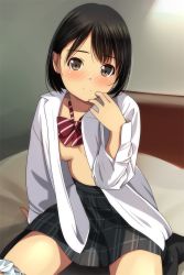Rule 34 | 1girl, arm support, bed, black hair, black legwear, black skirt, blurry, blurry background, blush, bow, bowtie, breasts, brown eyes, closed mouth, diagonal stripes, dress shirt, hair strand, hand to own mouth, head tilt, headboard, highres, light smile, long sleeves, looking at viewer, matsunaga kouyou, no bra, nose blush, on bed, open clothes, original, panties, panties around leg, plaid, plaid skirt, pleated skirt, red bow, school uniform, shirt, sitting, skirt, small breasts, solo, striped bow, striped bowtie, striped clothes, striped neckwear, underboob, underwear, uniform, wariza, white panties, white shirt