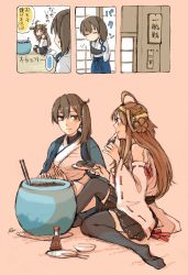 Rule 34 | 2girls, ahoge, brown eyes, brown hair, comic, commentary request, cooking, detached sleeves, double bun, eating, food, hairband, highres, japanese clothes, kaga (kancolle), kantai collection, kongou (kancolle), long hair, multiple girls, muneate, ribbon-trimmed sleeves, ribbon trim, side ponytail, skirt, tasuki, thighhighs, translated, yamada rei (rou)