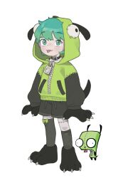 Rule 34 | 1girl, animal hands, animification, full body, gir (invader zim), gloves, green eyes, green hair, green hoodie, highres, hood, hoodie, humanization, invader zim, looking at viewer, opossumachine, reference inset, simple background, solo, standing, stitches, thighhighs, tongue, tongue out, white background, zipper, zipper pull tab