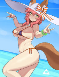 Rule 34 | 1girl, animal ear fluff, animal ears, arched back, ass, bangle, bikini, blue sky, bracelet, breasts, closed mouth, commentary, day, donburi (donburikazoku), ears through headwear, eyelashes, fate (series), foreshortening, fox ears, fox shadow puppet, fox tail, from side, hair between eyes, hands up, hat, hat ribbon, highres, horizon, jewelry, large breasts, micro bikini, navel, necklace, ocean, outdoors, pink hair, ribbon, side-tie bikini bottom, sky, smile, solo, standing, standing on one leg, string bikini, striped ribbon, sun hat, swimsuit, tail, tamamo (fate), tamamo no mae (fate/extra), tamamo no mae (swimsuit lancer) (fate), tamamo no mae (swimsuit lancer) (third ascension) (fate), thighs, underboob, water, white hat, yellow eyes