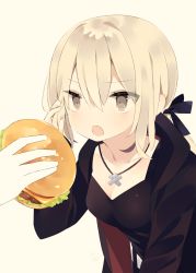 Rule 34 | 1girl, :o, artoria pendragon (all), artoria pendragon (fate), belt, black bow, black camisole, black jacket, blonde hair, blush, bow, breasts, brown eyes, burger, camisole, collarbone, fang, fate/stay night, fate (series), feeding, food, hair between eyes, hair bow, hand up, highres, holding, holding food, hood, hood down, hooded jacket, jacket, leaning forward, long hair, long sleeves, looking away, low ponytail, mimo lm, official alternate costume, open clothes, open jacket, open mouth, ponytail, saber alter, saber alter (ver. shinjuku 1999) (fate), sidelocks, sleeves past wrists, small breasts, solo focus, white belt
