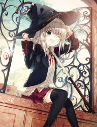 Rule 34 | 1girl, black thighhighs, blue eyes, brown hair, commentary request, hair between eyes, hat, kazutake hazano, long hair, long sleeves, looking at viewer, official art, one eye closed, open mouth, original, red skirt, sitting, skirt, solo, thighhighs, witch hat