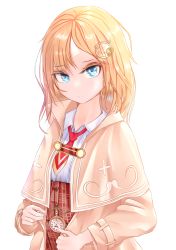 Rule 34 | 1girl, absurdres, bad id, bad pixiv id, beige capelet, beige jacket, blonde hair, blue eyes, breasts, capelet, closed mouth, collared shirt, commentary, english commentary, hair ornament, hairclip, highres, hololive, hololive english, jacket, kayjae, long hair, long sleeves, looking at viewer, necktie, red necktie, shirt, short necktie, simple background, solo, upper body, virtual youtuber, watson amelia, watson amelia (1st costume), white background, white shirt, yellow necktie