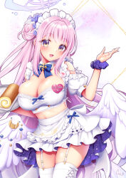 Rule 34 | 1girl, angel wings, blue archive, blue bow, bow, breasts, cake, crescent, feathered wings, flower, food, garter straps, geko, hair bun, hair flower, hair ornament, hair ribbon, holding, holding tray, large breasts, long hair, looking at viewer, low wings, maid, mika (blue archive), open mouth, pink hair, ribbon, single side bun, skirt, smile, solo, swiss roll, thighhighs, tray, white ribbon, white skirt, white thighhighs, white wings, wings, yellow eyes