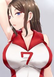 Rule 34 | 10s, 1girl, alternate costume, arm up, armpits, black hair, blue eyes, breasts, breath, girls und panzer, grey background, hair between eyes, homewrecker, large breasts, long hair, looking at viewer, nonna (girls und panzer), parted lips, red shirt, shirt, sleeveless, sleeveless shirt, solo, sportswear, standing, sweat, swept bangs, upper body, volleyball uniform