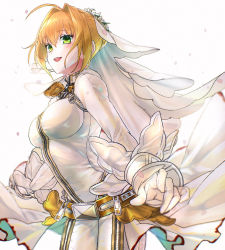 Rule 34 | 1girl, ahoge, blonde hair, blush, breasts, bridal veil, chain, fate/extra, fate/extra ccc, fate (series), full-length zipper, gloves, green eyes, hair intakes, head wreath, highres, large breasts, lock, long hair, long sleeves, looking at viewer, nero claudius (bride) (fate), nero claudius (fate), nero claudius (fate) (all), open mouth, padlock, sairei mon, simple background, smile, veil, white background, zipper