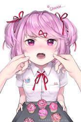 Rule 34 | 1girl, anger vein, baking sheet, blouse, blush, breast pocket, cake, cheek pull, collared shirt, commentary, cupcake, doki doki literature club, dress shirt, english commentary, fang, food, hair ribbon, highres, holding, logo, looking at viewer, medium hair, natsuki (doki doki literature club), neck ribbon, open mouth, pink eyes, pink hair, pocket, potetos7, pov, pov hands, red ribbon, ribbon, shirt, simple background, solo focus, swept bangs, twitter username, two side up, white background, white shirt, wing collar