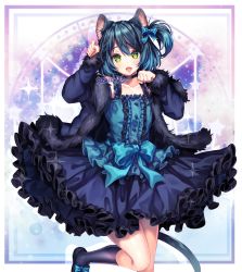 Rule 34 | 1boy, :d, animal ears, bare shoulders, blue dress, blue hair, bow, buttons, cat ears, cat tail, choker, commission, dress, fang, feet out of frame, frilled dress, frills, fur trim, green eyes, hair between eyes, hair bow, kneehighs, long sleeves, looking at viewer, male focus, open mouth, ryoune yami, sasucchi95, short hair, side ponytail, smile, socks, solo, tail, trap, utau