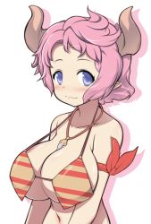 Rule 34 | 10s, 1girl, blush, bra, breasts, cleavage, collarbone, draph, granblue fantasy, horns, jewelry, karva (granblue fantasy), katami shinta, large breasts, looking at viewer, navel, necklace, pink hair, pointy ears, purple eyes, ribbon, short hair, simple background, smile, solo, striped bra, striped clothes, underwear, upper body, white background