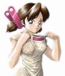 Rule 34 | 1girl, blue eyes, blush, breasts, brown hair, covered erect nipples, hair ornament, hairclip, josette, looking at viewer, see-through, shirt, simple background, solo, wet, wet clothes, wet shirt, white background, white shirt, wonder project j2