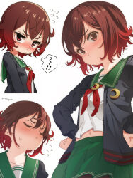Rule 34 | :&lt;, :t, black jacket, blush, brown hair, closed eyes, closed mouth, flying sweatdrops, green sailor collar, green skirt, hands on own hips, highres, jacket, kantai collection, laco soregashi, long sleeves, looking at viewer, multicolored hair, multiple views, mutsuki (kancolle), mutsuki kai ni (kancolle), neckerchief, pleated skirt, pout, red hair, sailor collar, school uniform, serafuku, short hair, simple background, skirt, sweat, twitter username, white background