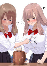 Rule 34 | !?, 2girls, :t, ^^^, between breasts, black skirt, blue eyes, blush, bow, bowtie, breasts, brown hair, button gap, collared shirt, commentary request, kaisen chuui, large breasts, long hair, multiple girls, original, pleated skirt, pout, red bow, red bowtie, school uniform, shirt, simple background, skirt, white background, white shirt