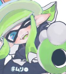 Rule 34 | 1girl, aiming, aiming at viewer, arm up, black jacket, blue eyes, blunt bangs, blush, butter (oshi8kyoumoh), colored tongue, fangs, female focus, green hair, green hat, green tongue, hand up, happy, hat, highres, hime cut, holding, holding weapon, inkling, inkling girl, inkling player character, jacket, japanese text, long hair, long sleeves, luna blaster (splatoon), nintendo, one eye closed, open mouth, outstretched arm, pointy ears, sidelocks, smile, solo, splatoon (series), teeth, tentacle hair, tentacles, translation request, weapon, wink