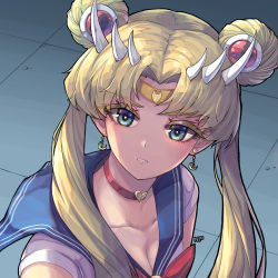 Rule 34 | 1girl, absurdres, bishoujo senshi sailor moon, blonde hair, blue eyes, blue sailor collar, breasts, choker, cleavage, commentary, crescent, crescent earrings, derivative work, diadem, earrings, english commentary, heart, heart choker, highres, horns, jewelry, long hair, looking at viewer, meme, nell p, red choker, sailor collar, sailor moon, sailor moon redraw challenge (meme), sailor senshi uniform, screenshot redraw, solo, tsukino usagi, twintails, upper body