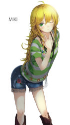 Rule 34 | 1girl, ahoge, blonde hair, blouse, blush, character name, green eyes, hand on own chest, hoshii miki, idolmaster, idolmaster (classic), long hair, one eye closed, shirt, short sleeves, shorts, solo, striped clothes, striped shirt, tsukimura, very long hair, white background, wink