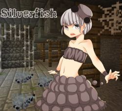 Rule 34 | 1girl, angry, armband, child, flat chest, hat, looking at viewer, lowres, midriff, minecraft, navel, open mouth, personification, short hair, grey eyes, silver hair, silverfish (minecraft), skirt, tagme