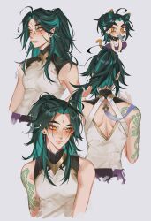 Rule 34 | 1boy, ahoge, animal ears, arm tattoo, back, bare shoulders, black hair, blush, cat boy, cat ears, closed mouth, earrings, eyelashes, eyeshadow, facial mark, freckles, genshin impact, ggelus, green hair, grey background, highres, jewelry, long hair, makeup, male focus, mandarin collar, multicolored hair, multiple views, muscular, open clothes, open mouth, parted bangs, pointy ears, ponytail, red eyeshadow, shirt, simple background, sleeveless, sleeveless shirt, standing, tattoo, teeth, xiao (genshin impact), yellow eyes