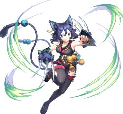 Rule 34 | 1girl, animal ears, aqua eyes, artist request, ayakashi rumble!, bell, blue hair, breasts, cat ears, cat girl, cat tail, claw (weapon), earrings, japanese clothes, jewelry, large breasts, looking at viewer, mole, mole under eye, multiple tails, nekomata, official art, rin (ayakashi rumble!), sandals, short hair, slit pupils, solo, tail, thighhighs, transparent background, two tails, weapon