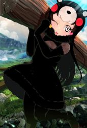 Rule 34 | 1girl, ;p, animal ears, bear ears, black hair, blurry, blurry background, carrying, chibi kumamon (kemono friends), day, dress, elbow gloves, fur trim, gloves, hair ornament, heart, heart hair ornament, highres, kedama (ughugjydthjdf), kemono friends, leaning to the side, log, long hair, looking at viewer, medium dress, multicolored hair, one eye closed, outdoors, pantyhose, red hair, shoes, smile, solo, standing, standing on one leg, tongue, tongue out, white eyes, white hair