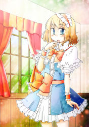 Rule 34 | 1girl, alice margatroid, arnest, blonde hair, blue eyes, blush, bow, capelet, embellished costume, female focus, hairband, open mouth, short hair, solo, touhou, window, wrist cuffs