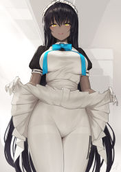 Rule 34 | 1girl, ahoge, apron, black dress, black hair, blue archive, blue bow, blue bowtie, blush, bow, bowtie, breasts, clothes lift, dark-skinned female, dark skin, dress, dress lift, from below, gloves, hair between eyes, hayabusa, highres, karin (blue archive), large breasts, lifted by self, long hair, maid, maid headdress, open mouth, pantyhose, short sleeves, signature, solo, thighband pantyhose, very long hair, white apron, white gloves, white pantyhose, yellow eyes