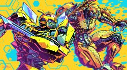 Rule 34 | absurdres, arm blade, autobot, blue eyes, bumblebee (transformers), cheetor, highres, maximal, mecha, no humans, open hand, robot, science fiction, signature, transformers, transformers: rise of the beasts, transformers (live action), weapon, yasukuni kazumasa, yellow background