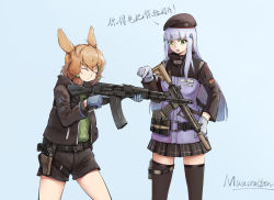 Rule 34 | ak-74, ak-74m, animal ears, arknights, artist request, assault rifle, beret, chinese commentary, chinese text, commentary request, closed eyes, german flag, girls&#039; frontline, gloves, gun, h&amp;k hk416, handgun, hat, highres, hk416 (girls&#039; frontline), holstered, kalashnikov rifle, kroos (arknights), pleated skirt, pointing, rabbit ears, rifle, shorts, skirt, suppressor, thighhighs, training, translation request, weapon