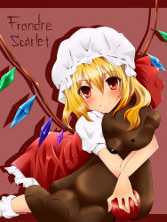 Rule 34 | 1girl, apple, blonde hair, blush, chair, hugging doll, dress, embodiment of scarlet devil, english text, engrish text, female focus, flandre scarlet, food, fruit, hair ribbon, hat, highres, holding, holding food, holding fruit, kneeling, nali, nali (sougetu1110), hugging object, ranguage, red dress, red eyes, ribbon, side ponytail, smile, solo, stuffed animal, stuffed toy, teddy bear, touhou, typo, wings