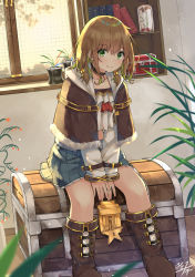 Rule 34 | 1girl, black choker, blue skirt, blush, book, boots, brown capelet, brown footwear, brown hair, capelet, choker, closed mouth, collarbone, commentary request, crop top, fur-trimmed capelet, fur trim, green eyes, green hair, hair between eyes, highres, hood, hood down, hooded capelet, indoors, keyhole, long sleeves, looking at viewer, midriff, miko fly, multicolored hair, original, pleated skirt, shelf, shirt, signature, sitting, skirt, sleeves past wrists, smile, solo, star (symbol), treasure chest, two-tone hair, white shirt, window, wooden floor