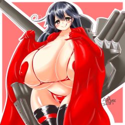 Rule 34 | 10s, 1girl, ahoge, ayazumi flutter, bikini, black hair, black thighhighs, bra, breasts, brown eyes, cannon, cape, covered erect nipples, cupless bra, elbow gloves, female focus, gigantic breasts, gloves, heart, heart-shaped pupils, kantai collection, licking lips, looking at viewer, pasties, plump, red bikini, red gloves, red theme, shiny skin, simple background, solo, standing, string bikini, swimsuit, symbol-shaped pupils, thick thighs, thighhighs, thighs, tongue, tongue out, underwear, ushio (kancolle), weapon, wide hips
