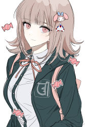 Rule 34 | 1girl, alternate hair ornament, backpack, bad id, bad twitter id, bag, breasts, brown hair, collared shirt, commentary, danganronpa (series), danganronpa 2: goodbye despair, dress shirt, galaga, green jacket, grey shirt, hair ornament, hairclip, highres, hood, hood down, hooded jacket, jacket, large breasts, long sleeves, looking at viewer, medium hair, nanami chiaki, neck ribbon, open clothes, open jacket, pink eyes, pink ribbon, ribbon, shirt, simple background, smile, solo, symbol-only commentary, upper body, vo1ez, white background