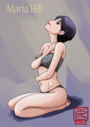 Rule 34 | 1girl, avengers (series), black hair, blue eyes, blush, breasts, character name, covered erect nipples, maria hill, marvel, navel, panties, seiza, short hair, sitting, solo, strapless, tube top, underwear, underwear only, yoko (chan360)